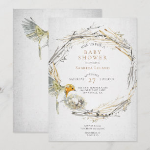 Rustic Bird and Nest Watercolor Baby Shower Inbjudningar