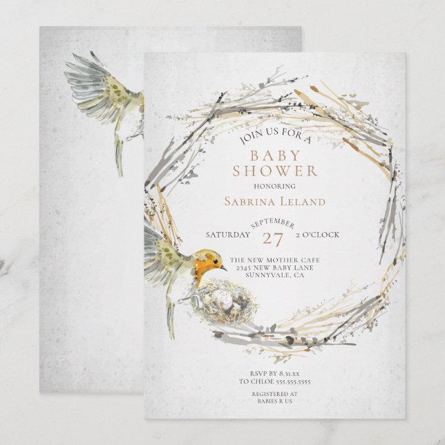 Rustic Bird and Nest Watercolor Baby Shower Inbjudningar (Fram/baksida)