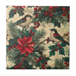 Rustic Bird and Poinsettia jul Mönster (13) Kakelplatta