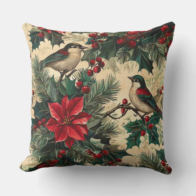 Rustic Bird and Poinsettia jul Mönster (13) Kudde (Framsida)