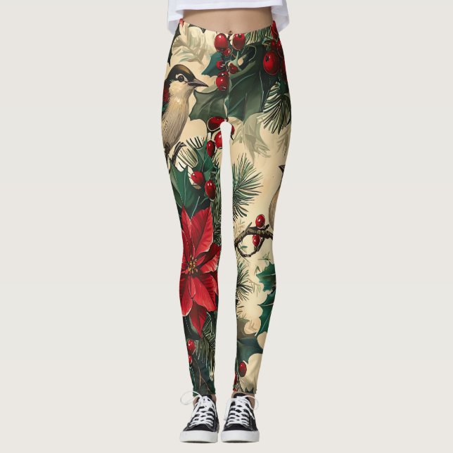 Rustic Bird and Poinsettia jul Mönster (13) Leggings (Framsida)
