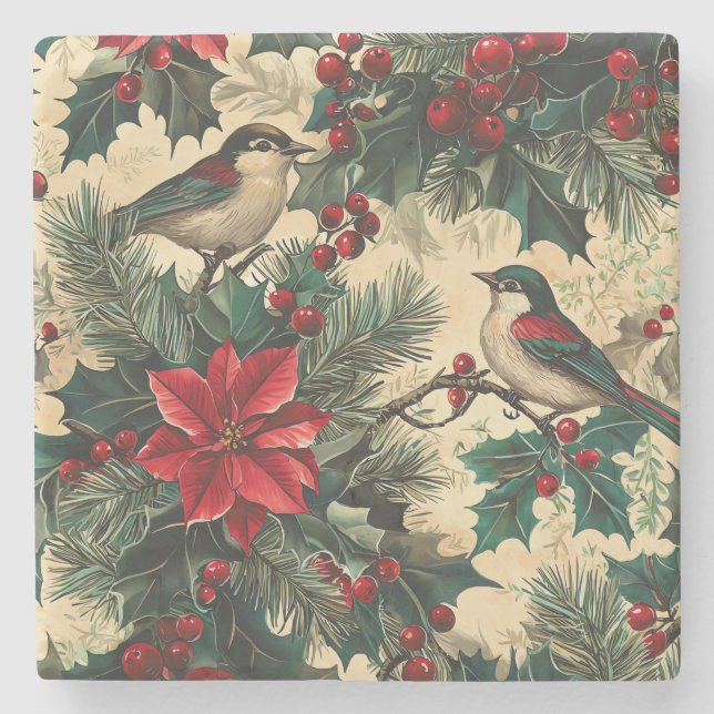 Rustic Bird and Poinsettia jul Mönster (13) Stenunderlägg (Framsidan)