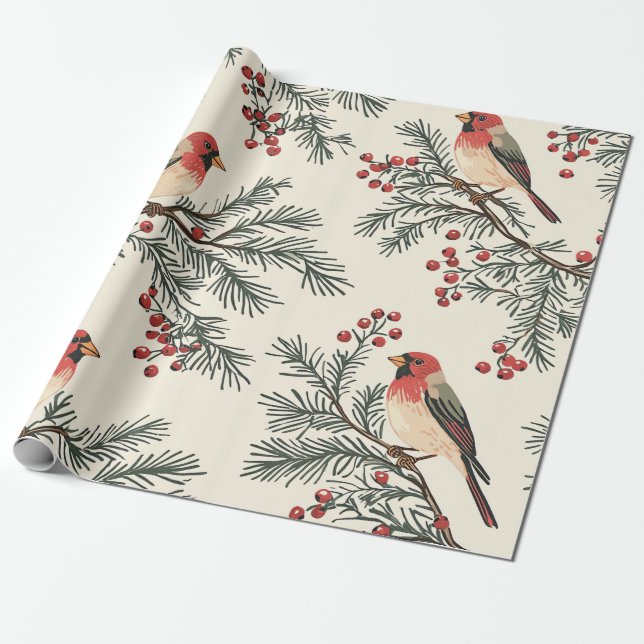 Rustic Bird and Poinsettia jul Mönster (16) Presentpapper (Utrullad)