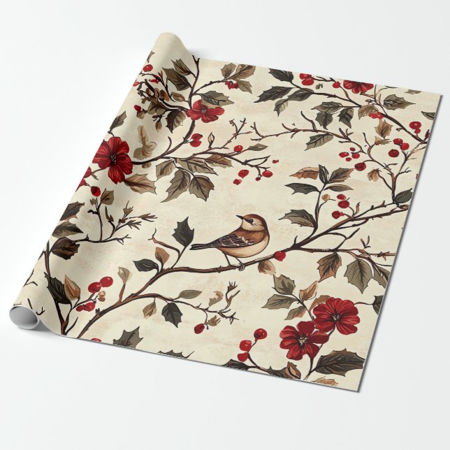 Rustic Bird and Poinsettia jul Mönster (22) Presentpapper (Utrullad)