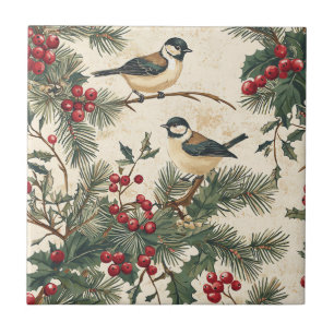 Rustic Bird and Poinsettia jul Mönster (8) Kakelplatta