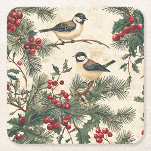 Rustic Bird and Poinsettia jul Mönster (8) Underlägg Papper Kvadrat