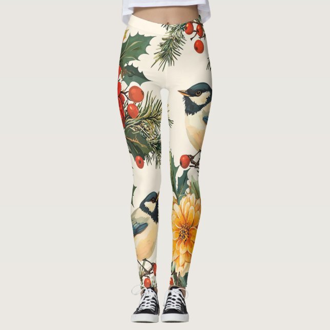 Rustic Bird and Poinsettia jul Mönster (9) Leggings (Framsida)