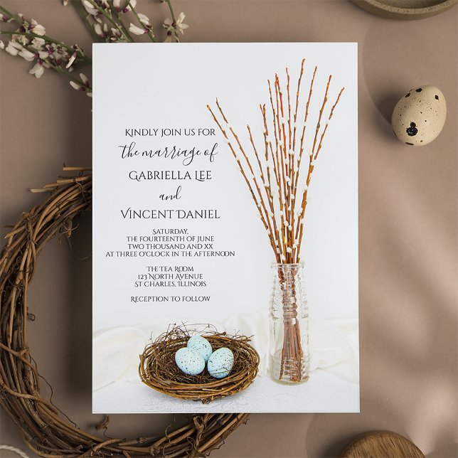 Rustic Bird Nest Blue Eggs Pussy Willows Bröllop Inbjudningar (Skapare uppladdad)