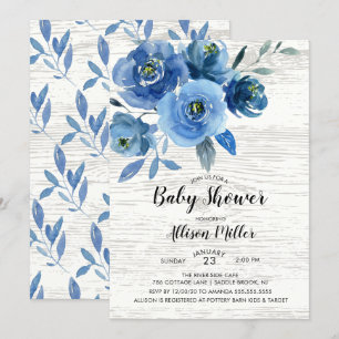 Rustic Blåa blommor Baby Shower Inbjudningar