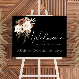 Rustic Black and Peach Blommigt Bröllop-tecken Poster