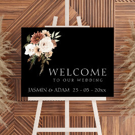 Rustic Black and Peach Blommigt Bröllop-tecken Poster