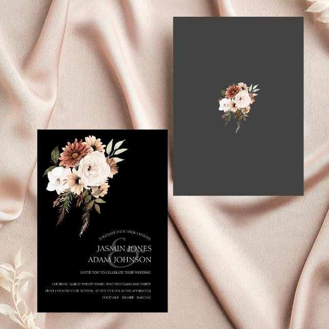 Rustic Black and Peach Blommigt Wedding-inbjudan Inbjudningar (Rustic Black and Peach Floral Wedding Invitation)