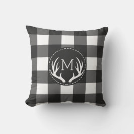 Rustic Black and White Antlers Monogram Kudde