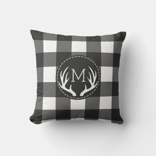 Rustic Black and White Antlers Monogram Kudde (Framsida)