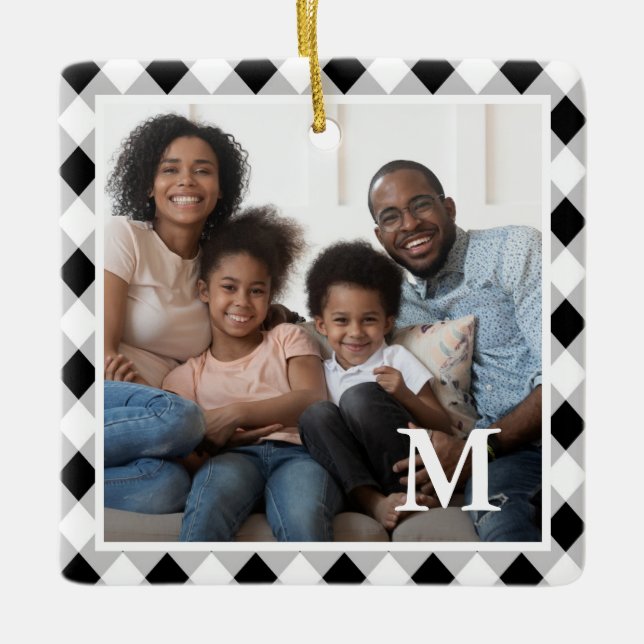 Rustic Black and White Argyle Monogram Photo Julgransprydnad Keramik (Framsida)