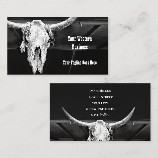 Rustic Black and White Land Western Bull Skull Visitkort (Fram/baksida)