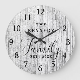Rustic Black and White Wood Family Namn Stor Klocka