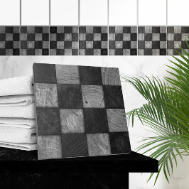 Rustic Black and White Wood Square Mosaic Art Kakelplatta