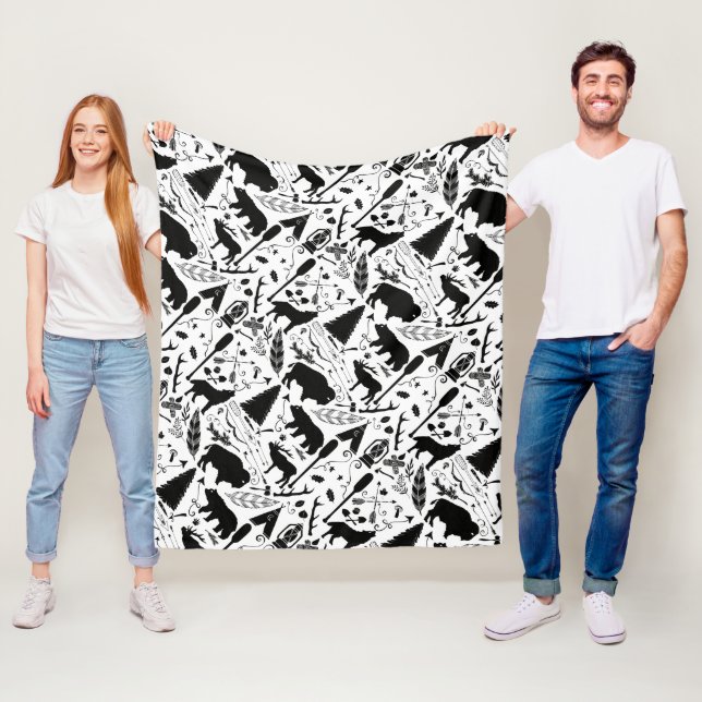 Rustic Black Bear Hjort Buffalo Woodland Mönster Fleecefilt (På plats)