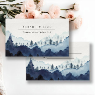 Rustic Bläck Blue Navy Gräs Skogen Mountain Bröllo Placeringskort