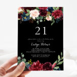 Rustic Black Botanical 21:a födelsedagen Party Inbjudningar<br><div class="desc">Den här sortens roliga,  svarta,  botaniska festinbjudan på 21:a födelsedag är perfekt för ett klassiskt födelsedagsfirande. Utformningen har en grumlig,  röd,  marin,  blå och  strålande och roliga,  handmålade blommor i svart bakgrund,  inspirerande naturskönhet.</div>