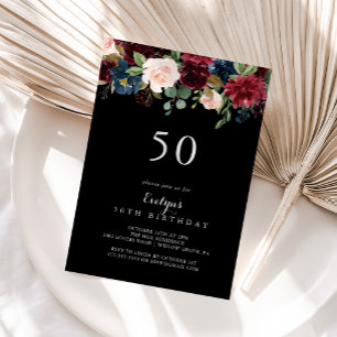 Rustic Black Botanical 50:e Födelsedagsfesten Inbjudningar
