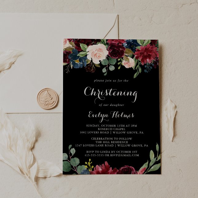 Rustic Black Botanical Christening Inbjudningar (Skapare uppladdad)