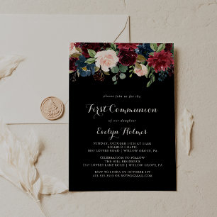 Rustic Black Botanical First Communion Inbjudningar