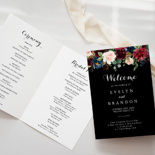 Rustic Black Botanical Folded Bröllopsprogram Program