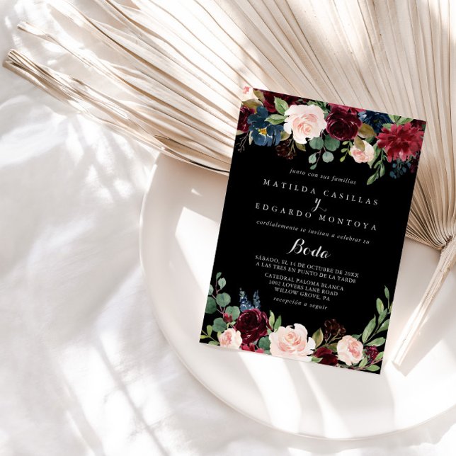 Rustic Black Botanical Formal Spain Bröllop Inbjudningar (Skapare uppladdad)