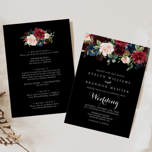 Rustic Black Botanical Front & Back Bröllop Inbjudningar (Skapare uppladdad)