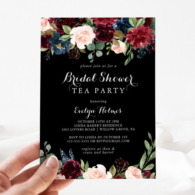 Rustic Black Botanical Möhippa Tea Party Inbjudningar (Skapare uppladdad)