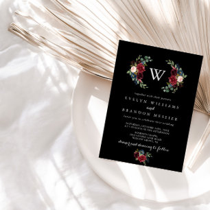 Rustic Black Botanical Monogram Bröllop Inbjudningar