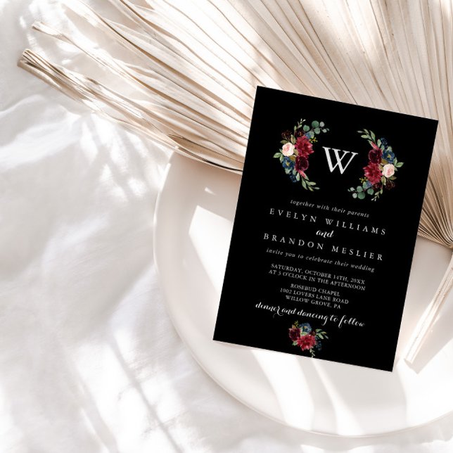 Rustic Black Botanical Monogram Bröllop Inbjudningar (Skapare uppladdad)