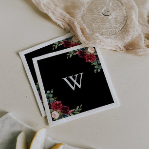 Rustic Black Botanical Monogram Bröllop Pappersservett