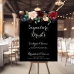 Rustic Black Botanical Namnteckning Drinks-tecken Poster<br><div class="desc">Detta svarta botaniska namnteckning är en perfekt för ett klassiskt bröllop. Utformningen har en grumlig,  röd,  marin,  blå och  strålande och roliga,  handmålade blommor i svart bakgrund,  inspirerande naturskönhet. Anpassa tecknet med namn på bruden och trippen och deras favoritdryckval.</div>