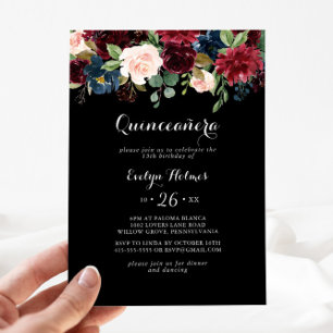 Rustic Black Botanical Quinceañera Inbjudningar