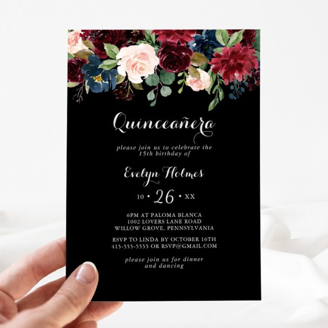 Rustic Black Botanical Quinceañera Inbjudningar (Skapare uppladdad)