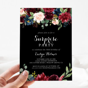 Rustic Black Botanical Surprise Party Inbjudningar