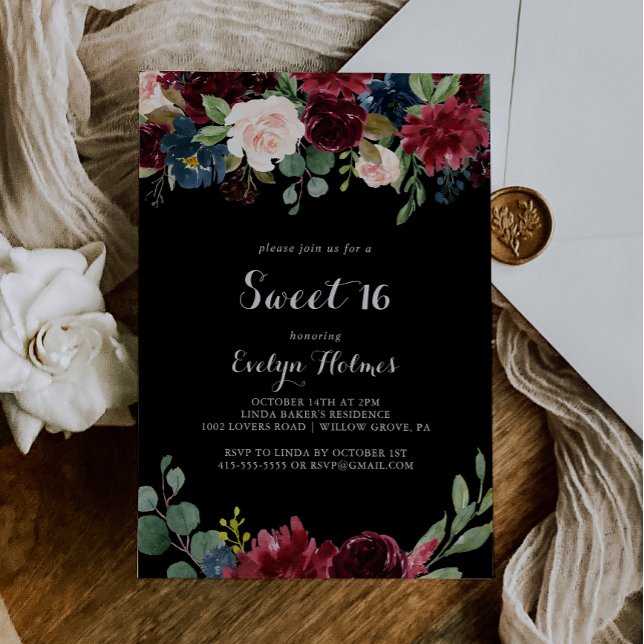 Rustic Black Botanical Sweet 16 Födelsedagsfester Inbjudningar (Skapare uppladdad)