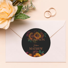 Rustic Black Burnt Orange Söt Blommigt Bröllop Runt Klistermärke