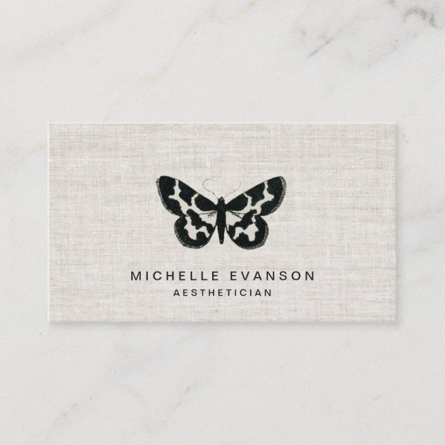 Rustic Black Butterfly Logo on Elegant Linen Visitkort (Framsida)