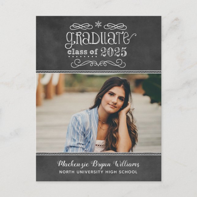 Rustic Black Chalkboard 2025 Student Photo Party Inbjudan Vykort (Framsida)
