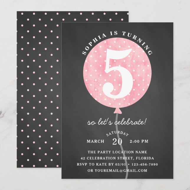 Rustic Black Chalkboard Rosa Balloon Girl Birthday Inbjudningar (Fram/baksida)