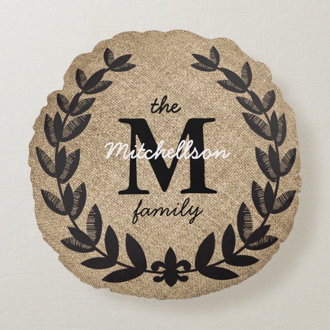 Rustic Black Etched Fleur-de-Lis Laurels Rund Kudde (Framsidan)