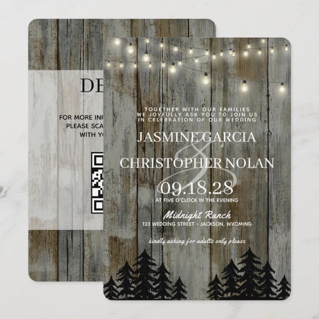 Rustic Black Forest med QR-koden Bröllop Inbjudningar (Fram/baksida)