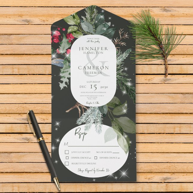 Rustic Black Gräs & Holly Winter Gnistra Middag (Also available with a QR code or without dinner selection options.)