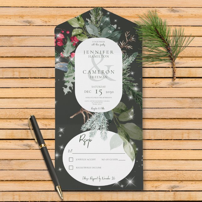 Rustic Black Gräs & Holly Winter Gnistra No Middag (Also available with a QR code or with dinner selection options.)