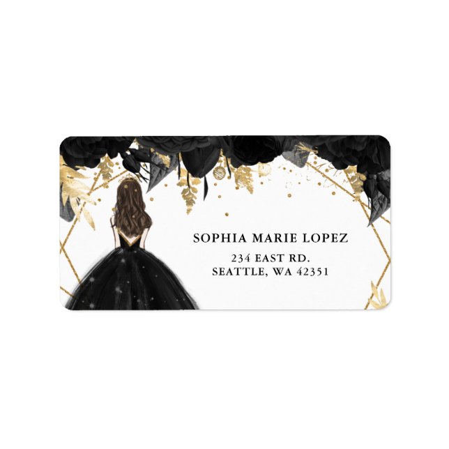 Rustic Black Guld Blommigt Princess Quinceanera Adressetikett (Framsidan)