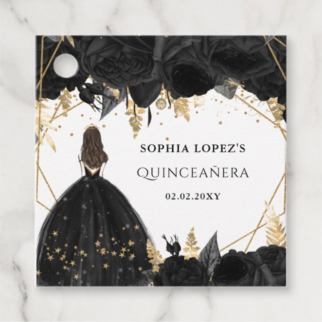 Rustic Black Guld Blommigt Princess Quinceanera Gåvor Etiketter (Framsida)